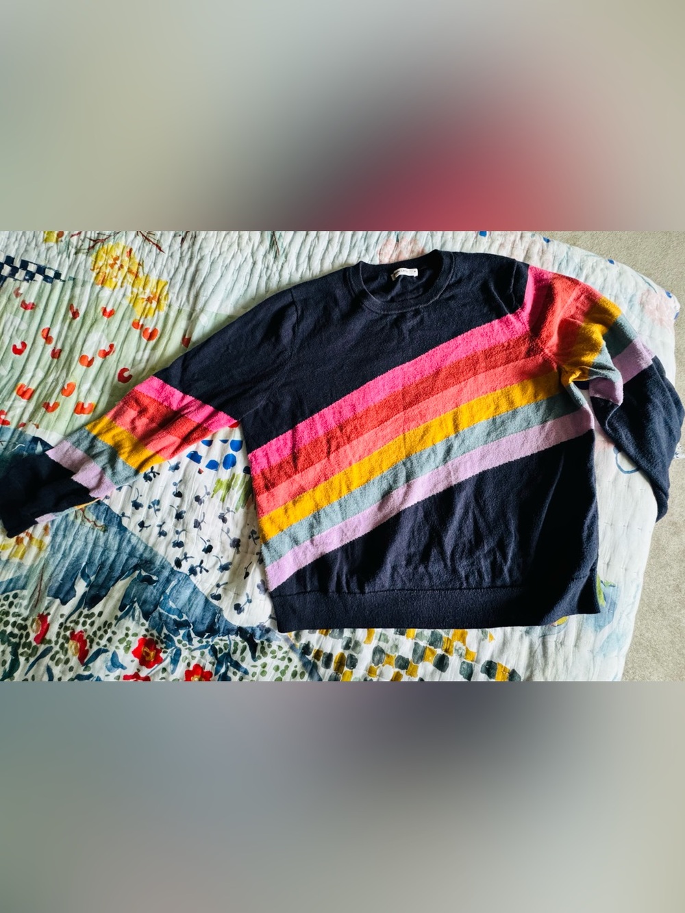 Marine Layer Navy Rainbow Stripe Crewneck Sweater "Oh Hey" Size M